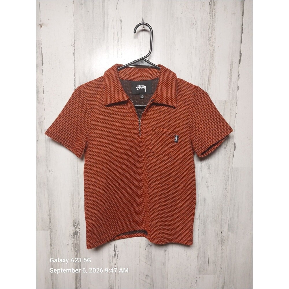 Stussy Faye Short Sleeve Zip Collar Polo Shirt XS Orange